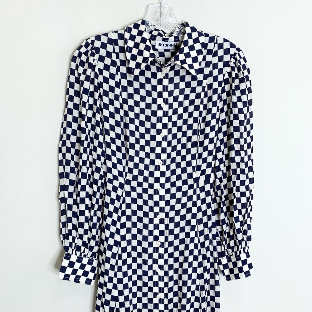 NEW RIXO Maddison Shirtdress (Sz XS) Long Sleeve Midi Navy Cream Checkerboard - Picture 5 of 16